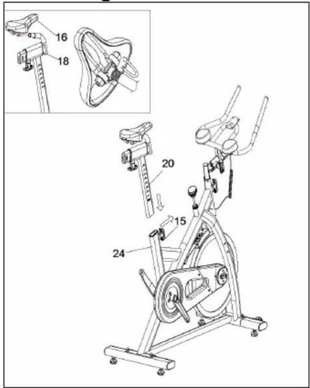 Technical diagram of a stationary exercise bike with labeled parts and exploded view