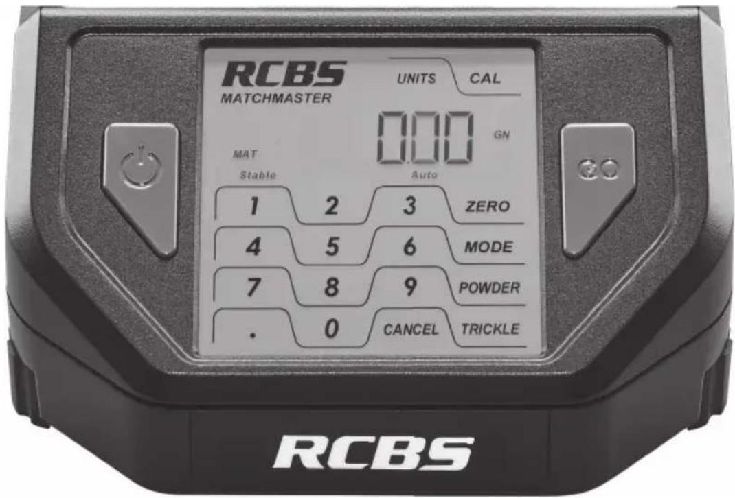 RCBS UNITS CAL MATCHMASTER 000 GN MAT Stable Auto 1 2 3 ZERO 4 5 6 MODE 7 8 9 POWDER . 0 CANCEL TRICKLE RCBS