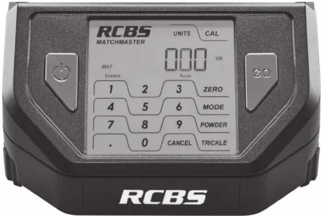 RCBS MATCHMASTER UNITS CAL 000 GN MAT Stable Auto 1 2 3 ZERO 4 5 6 MODE 7 8 9 POWDER . 0 CANCEL TRICKLE RCBS