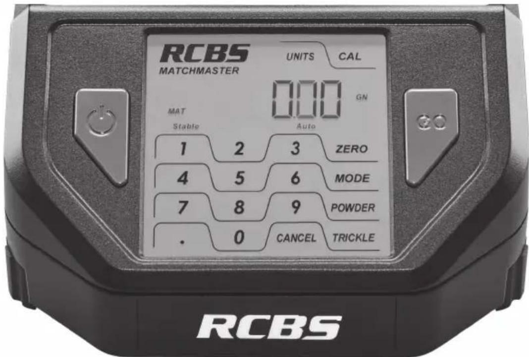 RCBS MATCHMASTER UNITS CAL 000 GN MAT Stable Auto 1 2 3 ZERO 4 5 6 MODE 7 8 9 POWDER . 0 CANCEL TRICKLE RCBS