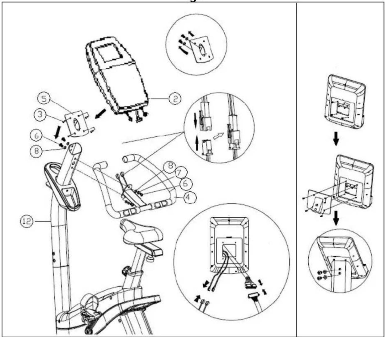 Technical diagram illustrating the assembly of a stationary exercise machine with numbered components and exploded views.