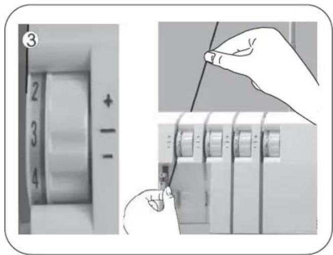 Diagram showing a hand inserting a cable into a device with numbered labels and polarity indicators