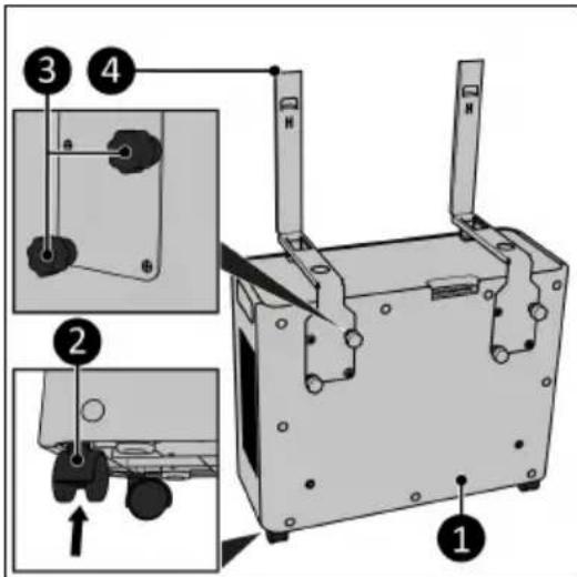 Technical diagram of a mechanical device with numbered parts and exploded views, likely illustrating a mounting or mounting mechanism.