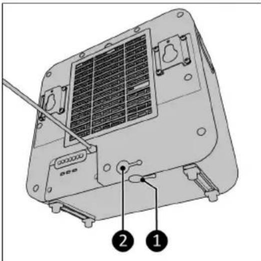 Technical diagram of a device rear panel with labeled parts 1 and 2, showing internal components and mounting hardware.