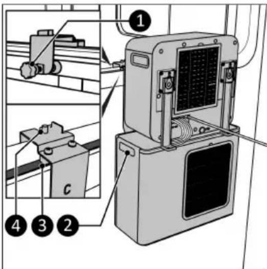 Technical diagram of an electrical device with labeled components including a control panel and wiring connections