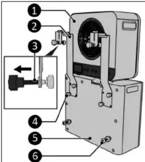 Diagram of an air conditioner unit with numbered parts and a close-up view showing internal components.