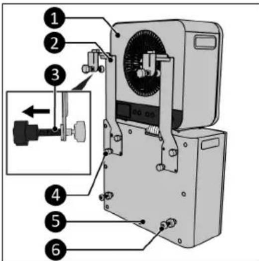 Diagram of an industrial fan or air conditioner unit with numbered parts and a close-up inset showing internal components.