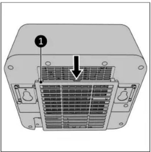 Technical diagram of a device rear panel with labeled component '1' and an arrow indicating a specific area.