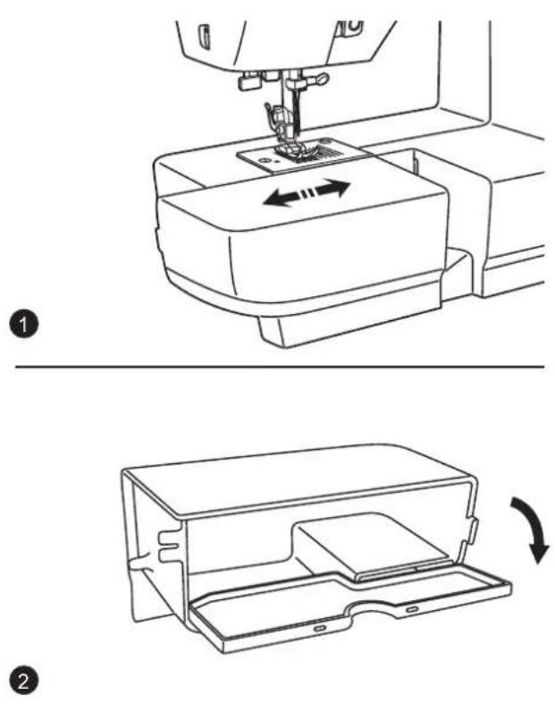 Technical diagram showing sewing machine operation with labeled steps and directional arrows indicating movement