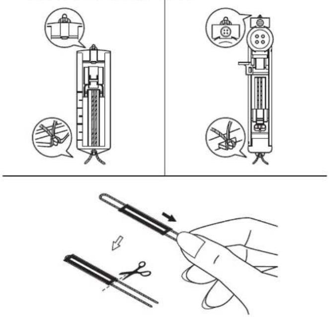 Technical diagram illustrating a mechanical device operation with labeled parts and a close-up of the tool tip.