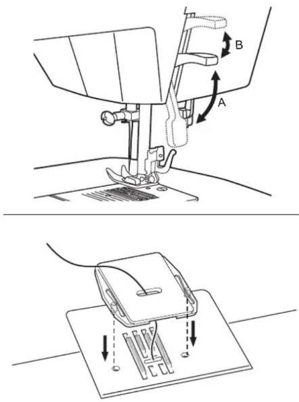 Technical diagram showing sewing machine operation with labeled parts A and B, including motion arrows and component placement.