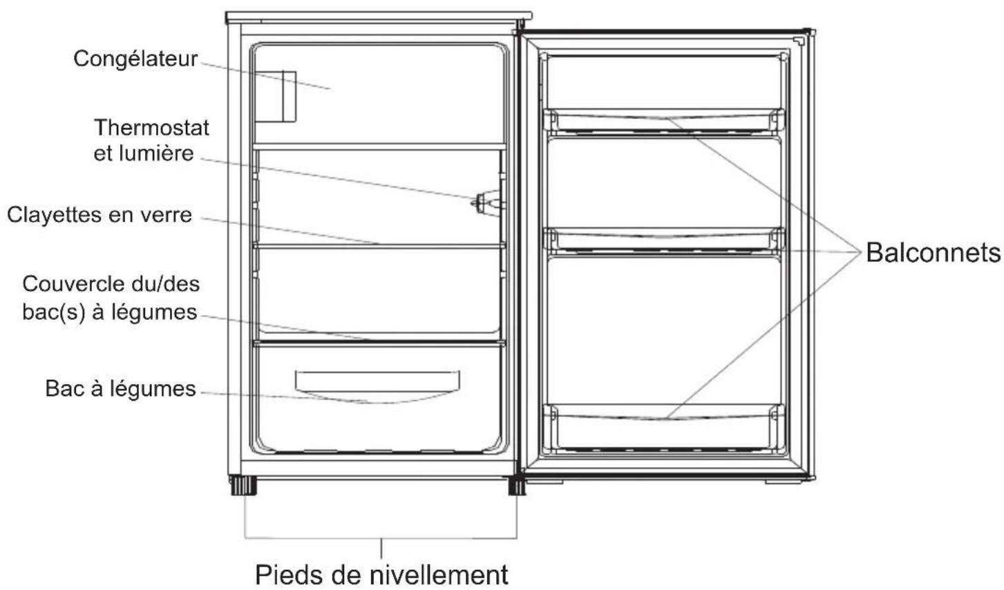 Congélateur Thermostat et lumière Clayettes en verre Couvercle du/des bac(s) à légumes Bac à légumes Balconnets Pieds de nivellement