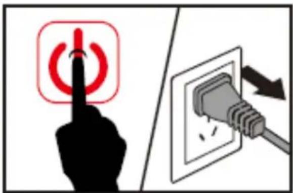 Diagram showing a hand pressing a power button next to an electrical plug with a black arrow indicating disassembly or disassembly.