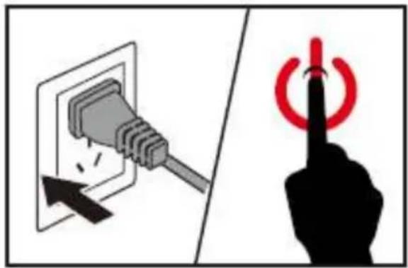 Diagram showing a plug inserted into an outlet and a hand pressing a button with a red power symbol