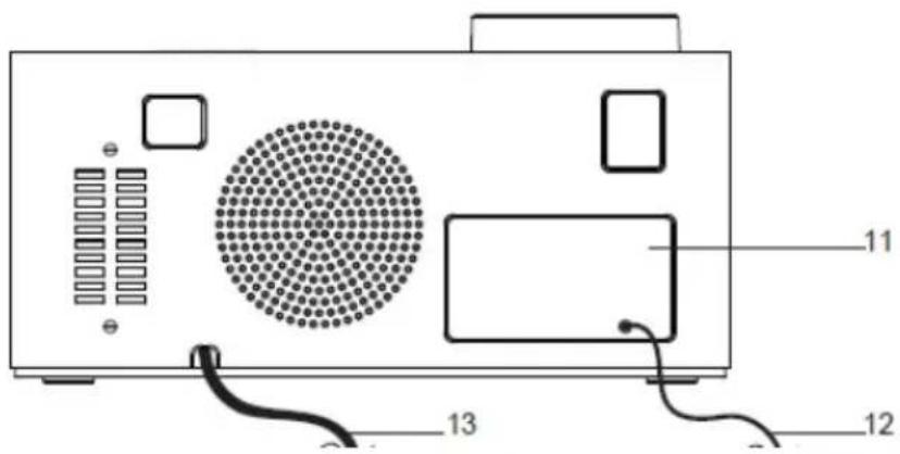 Diagram of a portable electronic device with labeled ports and components, including a circular vent and cable connections.