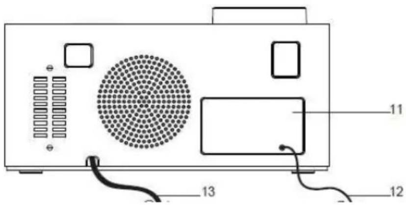 Diagram of a portable electronic device with labeled components including buttons, speaker grille, and cable connections
