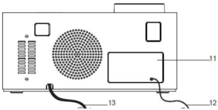 Diagram of a device rear panel with labeled components including buttons, speaker grille, and cable connections