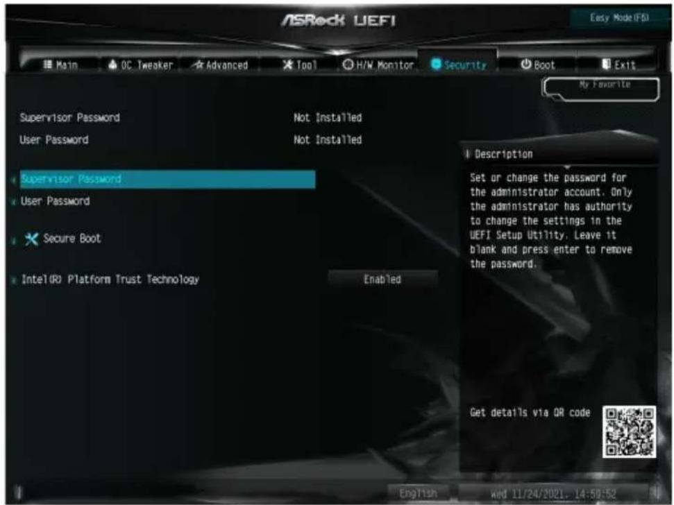 ASROCK H610M-ITX/ac - Security ( セキュリティ ) 画面 - 1