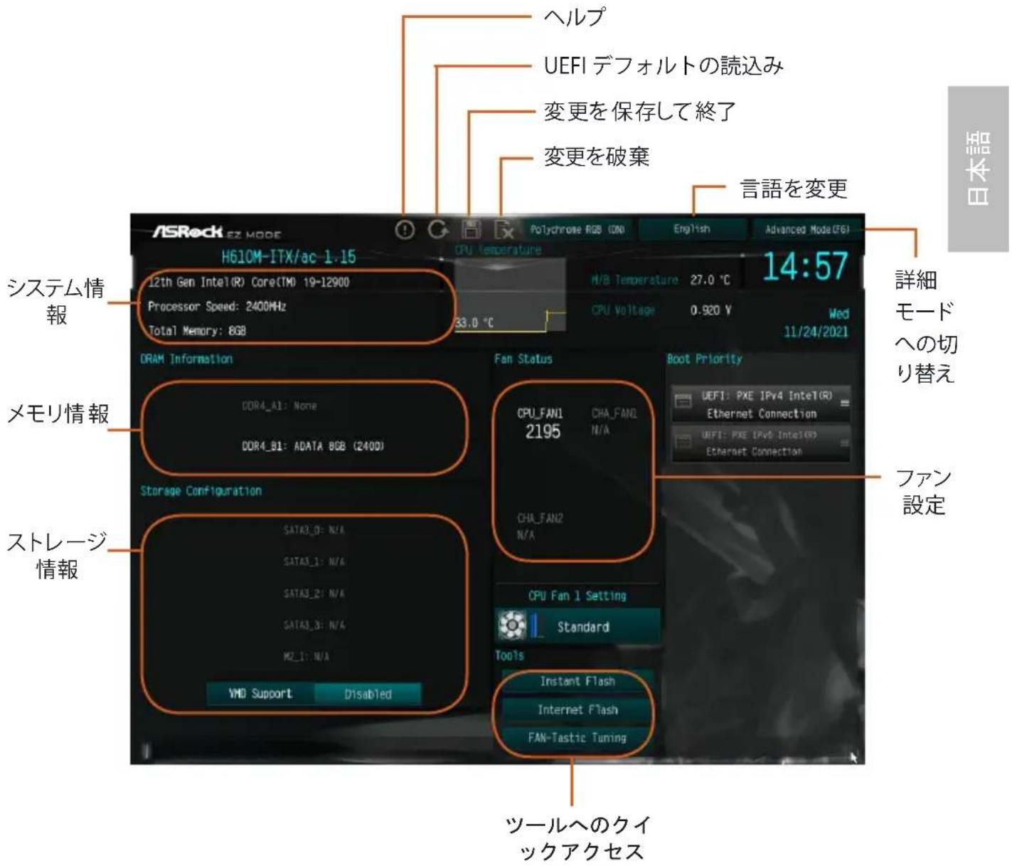 ASROCK H610M-ITX/ac - EZ Mode (EZ モード) - 1