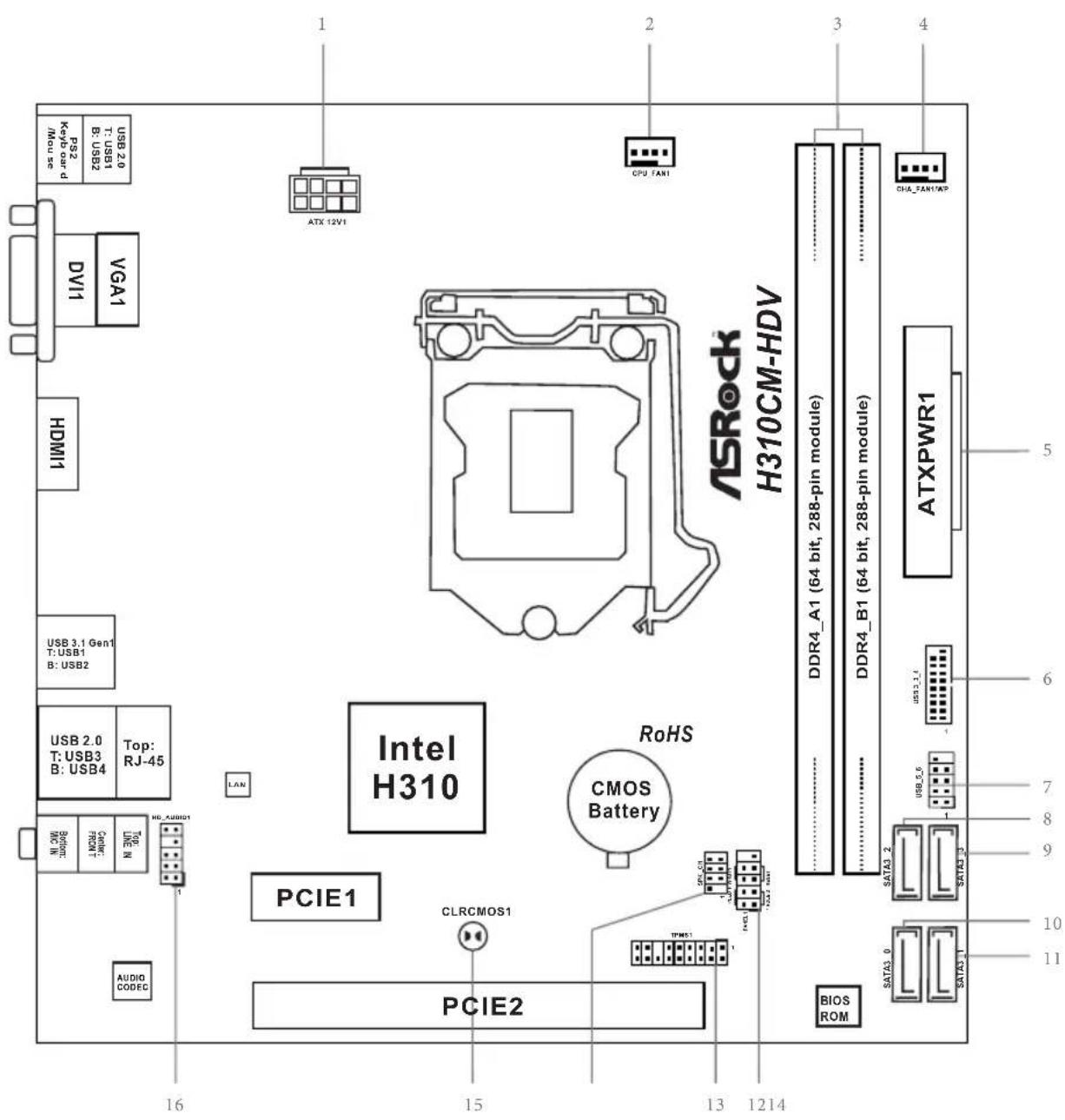 ASROCK H310CM-HDV - Motherboard Layout - 1