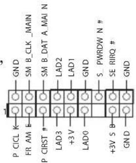 P CICL K FR AM E P CIRST # +3V LAD3 +3V S B GND SM B_CLK_MAIN SM B_DAT_A_MA1_N LAD2 LAD1 GND S PWRDW N # SE RIRQ # GND