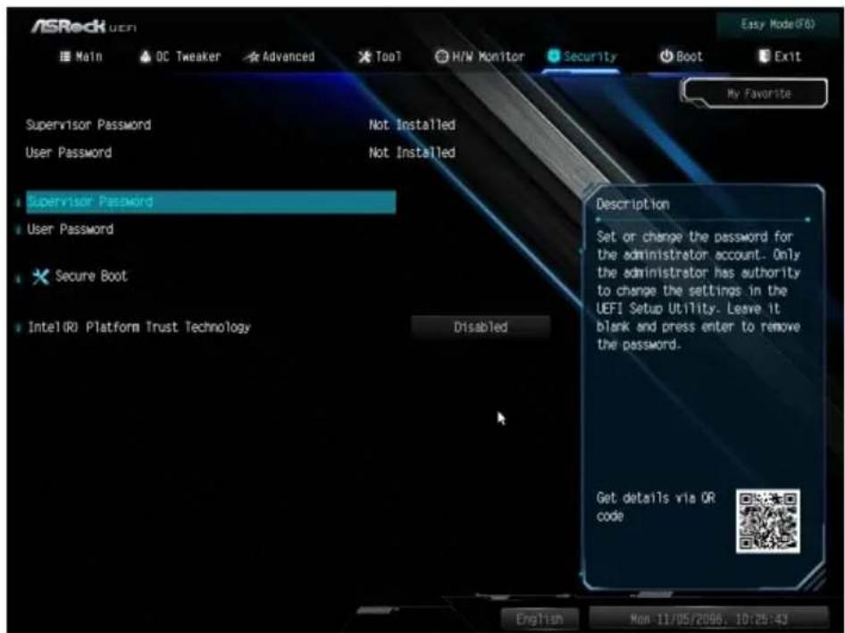ASROCK Z490 Extreme4 - Security（せキュリテ）画面 - 1