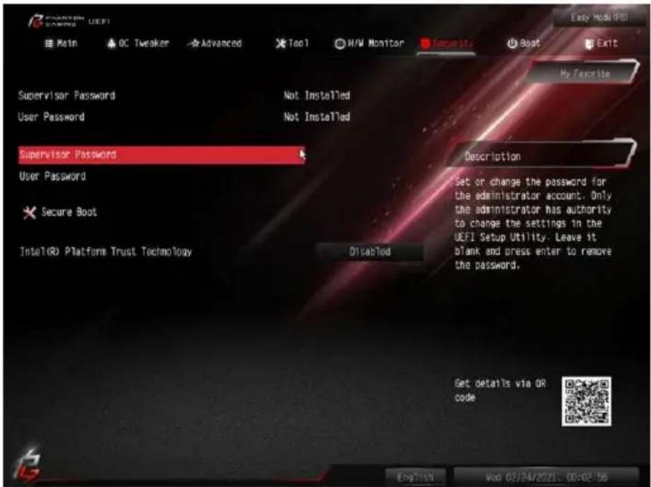 ASROCK Z490 Phantom Gaming-ITX/TB3 - Security(セキュリティ)画面 - 1
