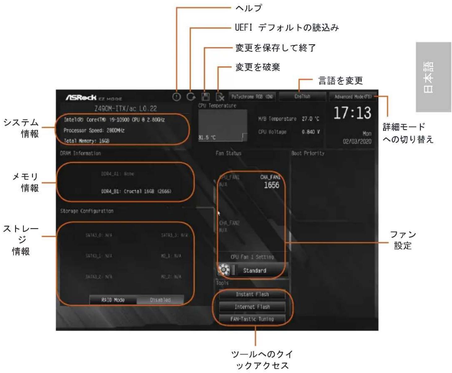 ASROCK Z490M-ITX/ac - EZ Mode (EZ モード) - 1