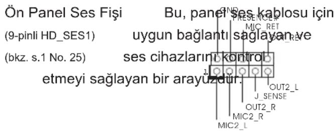Ön Panel Ses Fişi Bu, pane ses kablosu için (9-pinli HD_SES1) uygun bağlantı sağlayan ve (bkz. s.1 No. 25) ses cihazlarını kontrol etmeyi sağlayan bir arayuzdür. PRESENCE# MIC_RET J_SENSE OUT2_L MIC2_R MIC2_L