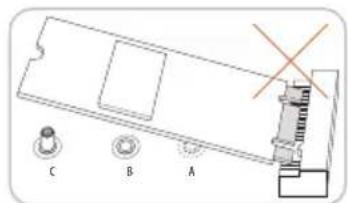 Technical diagram of a device with labeled components A, B, and C, showing a cross symbol indicating a disconnection or assembly.