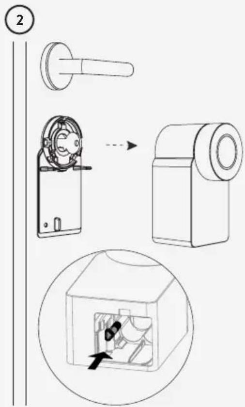 Technical diagram showing a door lock mechanism with labeled components and a close-up of the internal structure.