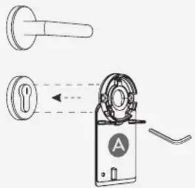Diagram showing a door lock mechanism with labeled parts and directional arrows indicating movement or assembly.