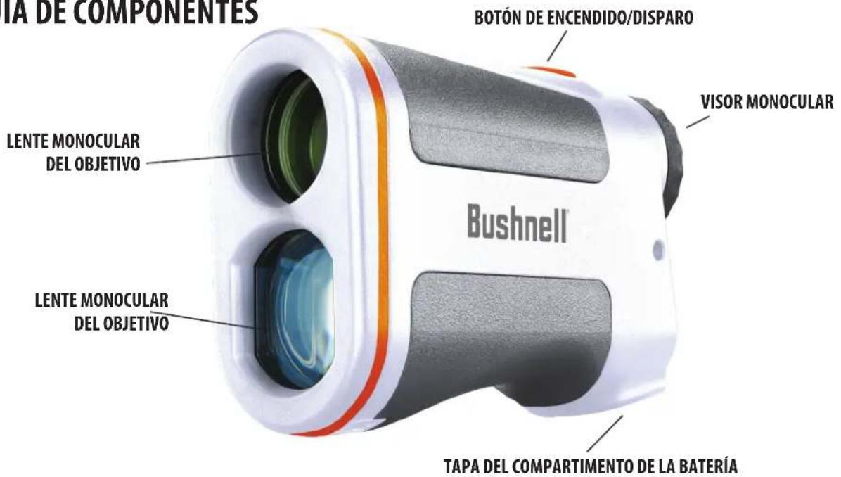 IA DE COMPONENTES BOTÓN DE ENCENDIDO/DISPARO VISOR MONOCULAR LENTE MONOCULAR DEL OBJETIVO LENTE MONOCULAR DEL OBJETIVO TAPA DEL COMPARTIMENTO DE LA BATERÍA Bushnell