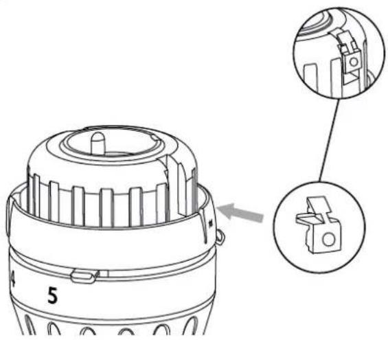 Technical diagram of a device with labeled parts and an inset view showing internal components