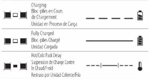 Charging Bloc-piles en Cours de Chargement Unidad en Proceso de Carga Fully Charged Bloc-piles Chargé Unidad Cargada Hot/Cold Pack Delay Suspension de Charge Contre le Chaud/Froid Restraso por Unidad Caliente/Fria