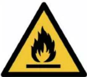 Warning sign depicting a flame symbol in yellow and black, indicating hazard or electrical hazard.