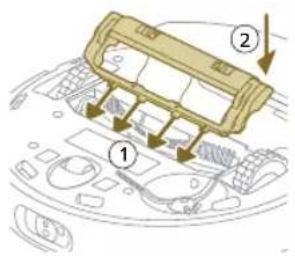 Diagram of a vehicle engine compartment with numbered parts and directional arrows indicating assembly or movement.