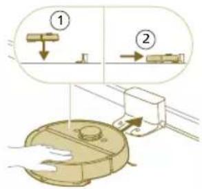 Diagram showing two mechanical components with labeled parts and directional arrows, likely illustrating a process or assembly.