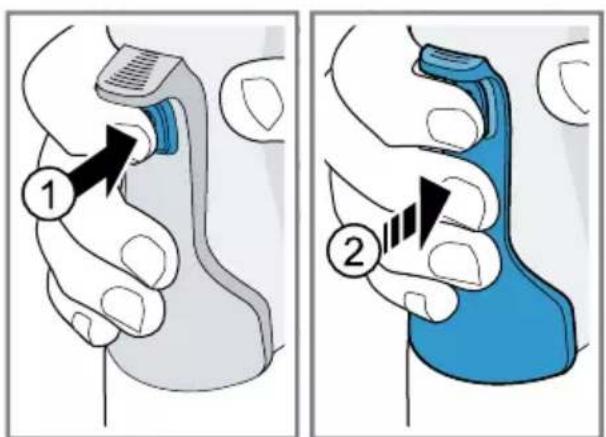 Diagram showing two-step instructions for using a handheld device, labeled with step numbers 1 and 2.