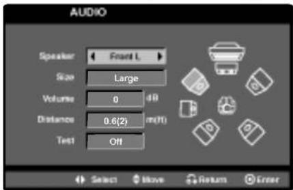 AUDIO Speaker Front L Size Large Volume 0 40 Distance 0.6(2) mm(ft) Test Off Select Move Return Enter