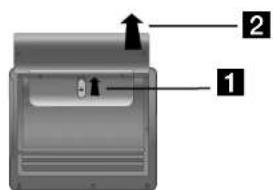 Diagram of a device with labeled parts 1 and 2, showing directional arrows and a central component.