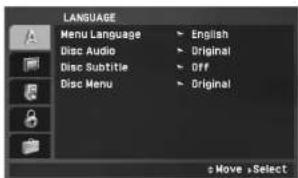 LANGUAGE Menu Language Disc Audio Disc Subtitle Disc Menu English Original Off Original Move Select