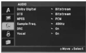 AUDIO Dolby Digital DTS MPEG Sample Freq. DRC Vocal Bitstream Bitstream PCM 48KHz On On Move >Select
