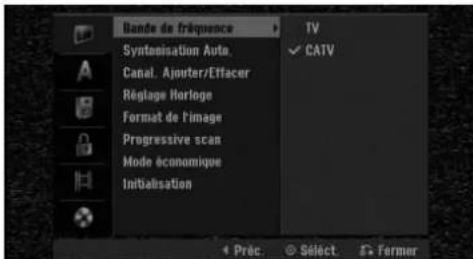 Bande de fréquence Symntisation Auto. Canal. Ajouter/Effacer Réglage Horloge Format de l'image Progressive scan Mode économique Initialisation TV ✓ CATV + Préc: ⚫ SÉLÉCT. ➕ Fermer