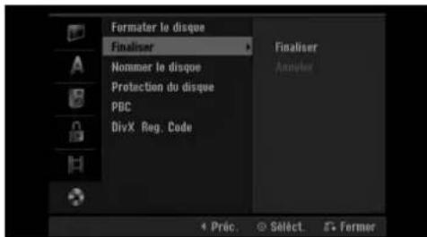 Formater le disque Finaliser Nommer le disque Protection du disque PBC DivX Reg. Code Finaliser Annuler Préc. Sèlect. Former