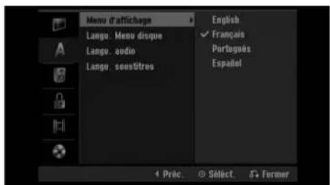 Menu d'affichage Langu. Menu disque Langu. audio Langu. soustitres English ✓ Français Português Españel 4 Préc. ○ Sèlect. ⚠️ Former