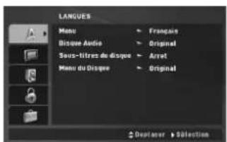 LANGUES Menu Bisque Audio Sous-litres de disque Menu du Disque Françaire Original Arret Original Dépliquer > Sélection