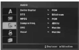 AUDIO Dolby Digital PCM DTS Bitstream MPEG PCM Sample Freq 48kHz OK Marche Voxel Marche ◆ Deplacer ▶ Selection