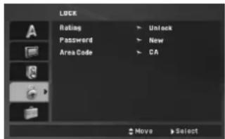 LOCK Rating Password Area Code Unlock New CA Move Select