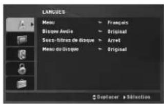 LANGUES Menu Disque Audio Sous-titres de disque Menu du Disque Français Original Arret Original Disposer > Selection